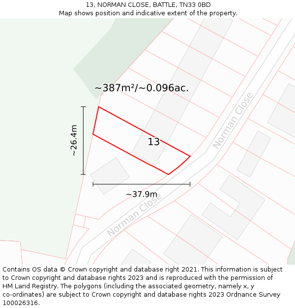 13, NORMAN CLOSE, BATTLE, TN33 0BD: Plot and title map