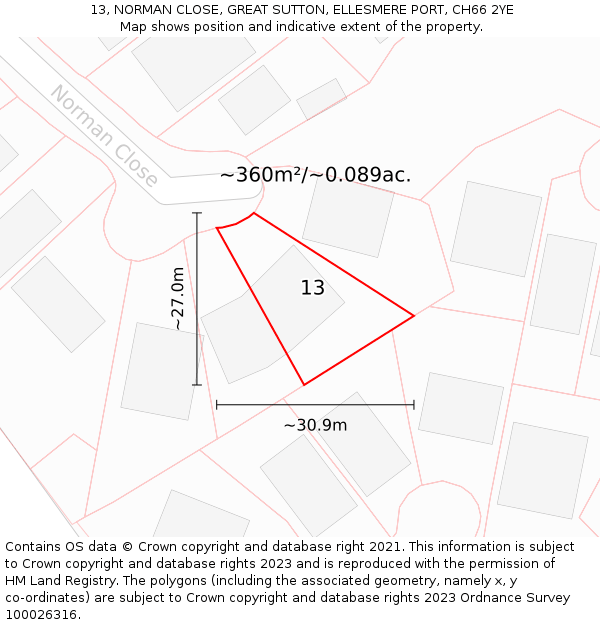 13, NORMAN CLOSE, GREAT SUTTON, ELLESMERE PORT, CH66 2YE: Plot and title map
