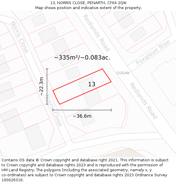 13, NORRIS CLOSE, PENARTH, CF64 2QW: Plot and title map