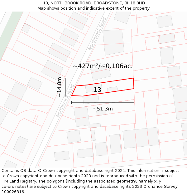 13, NORTHBROOK ROAD, BROADSTONE, BH18 8HB: Plot and title map