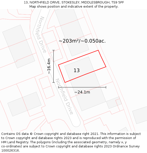 13, NORTHFIELD DRIVE, STOKESLEY, MIDDLESBROUGH, TS9 5PF: Plot and title map
