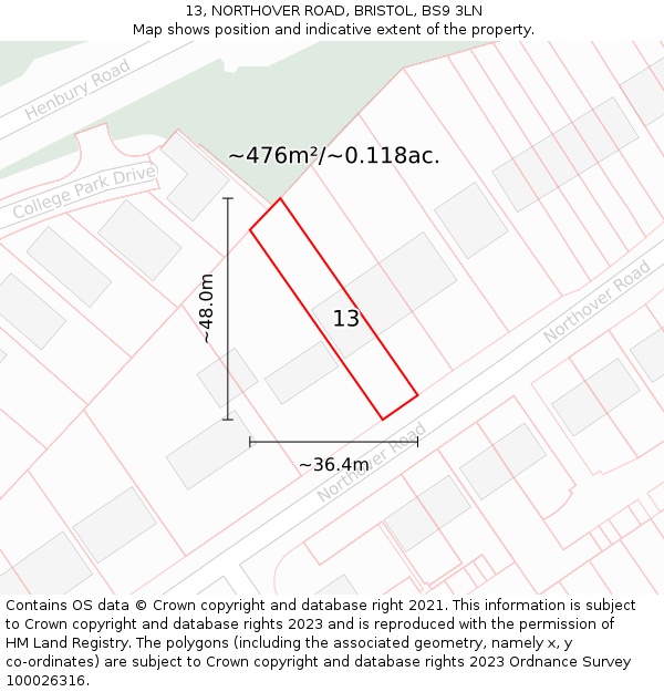 13, NORTHOVER ROAD, BRISTOL, BS9 3LN: Plot and title map