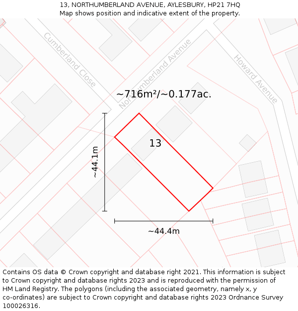 13, NORTHUMBERLAND AVENUE, AYLESBURY, HP21 7HQ: Plot and title map