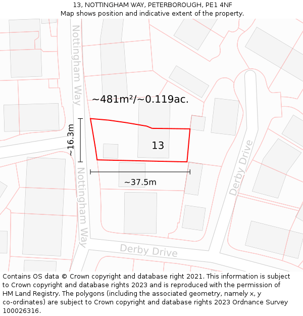 13, NOTTINGHAM WAY, PETERBOROUGH, PE1 4NF: Plot and title map