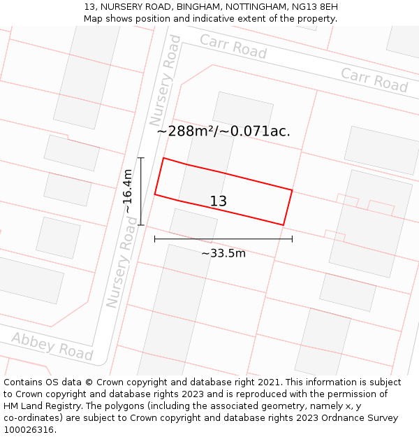 13, NURSERY ROAD, BINGHAM, NOTTINGHAM, NG13 8EH: Plot and title map