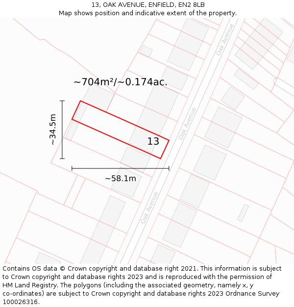 13, OAK AVENUE, ENFIELD, EN2 8LB: Plot and title map