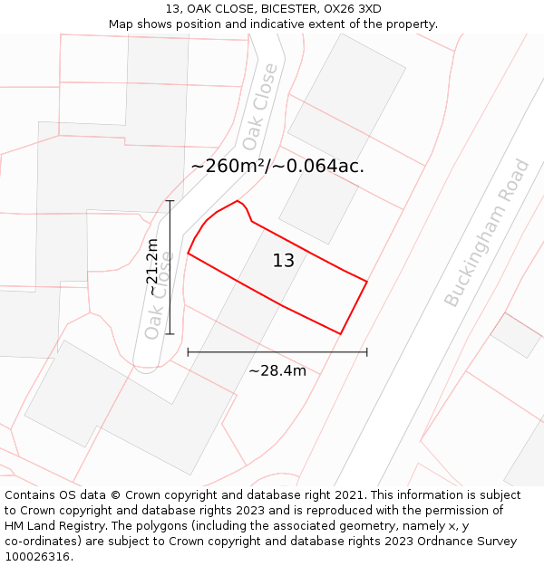 13, OAK CLOSE, BICESTER, OX26 3XD: Plot and title map