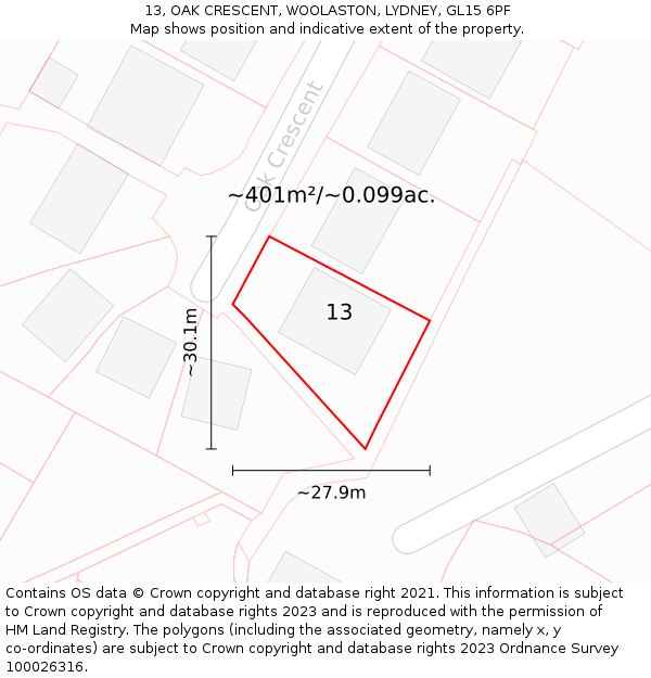 13, OAK CRESCENT, WOOLASTON, LYDNEY, GL15 6PF: Plot and title map