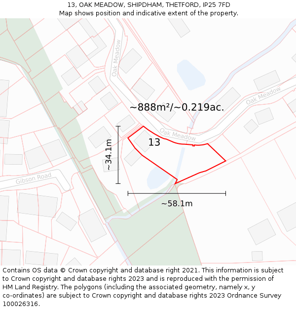 13, OAK MEADOW, SHIPDHAM, THETFORD, IP25 7FD: Plot and title map