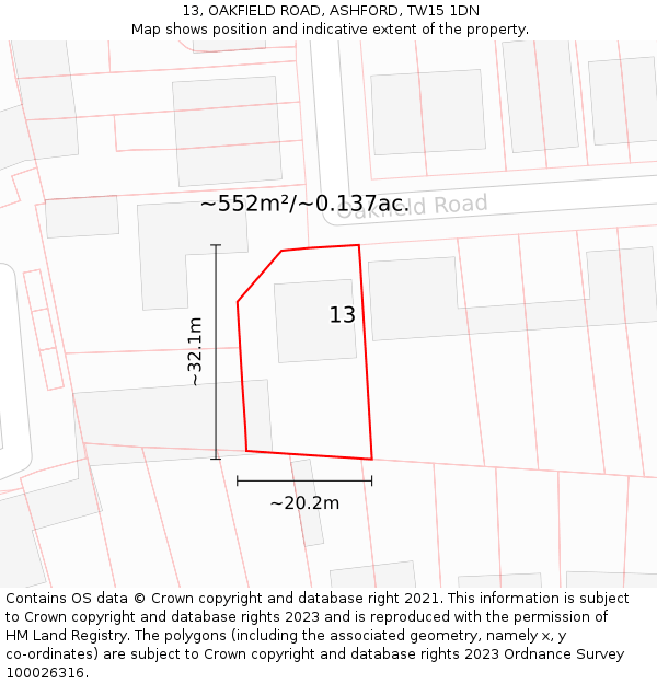 13, OAKFIELD ROAD, ASHFORD, TW15 1DN: Plot and title map