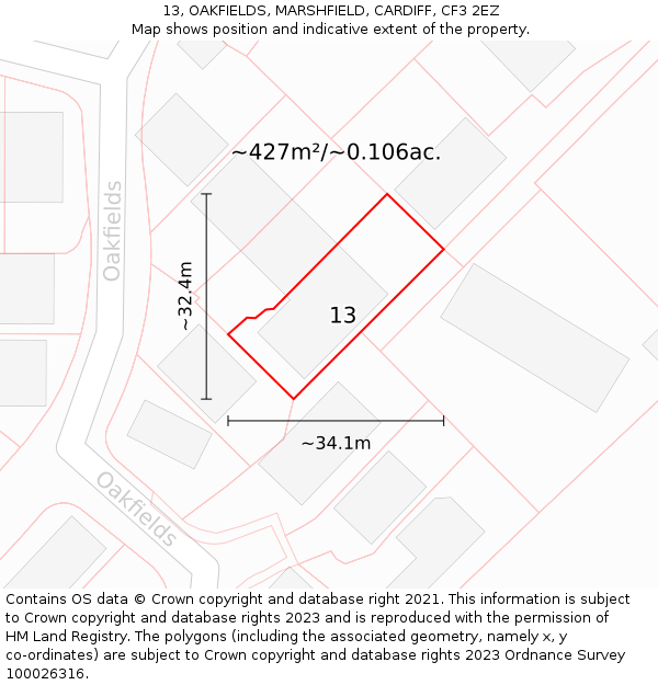 13, OAKFIELDS, MARSHFIELD, CARDIFF, CF3 2EZ: Plot and title map