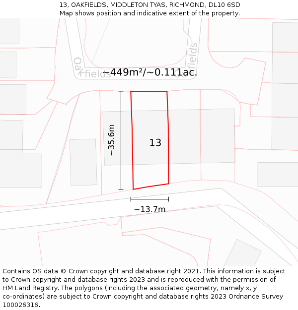 13, OAKFIELDS, MIDDLETON TYAS, RICHMOND, DL10 6SD: Plot and title map