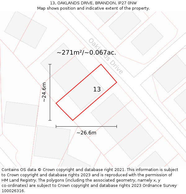 13, OAKLANDS DRIVE, BRANDON, IP27 0NW: Plot and title map
