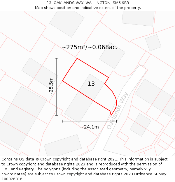 13, OAKLANDS WAY, WALLINGTON, SM6 9RR: Plot and title map