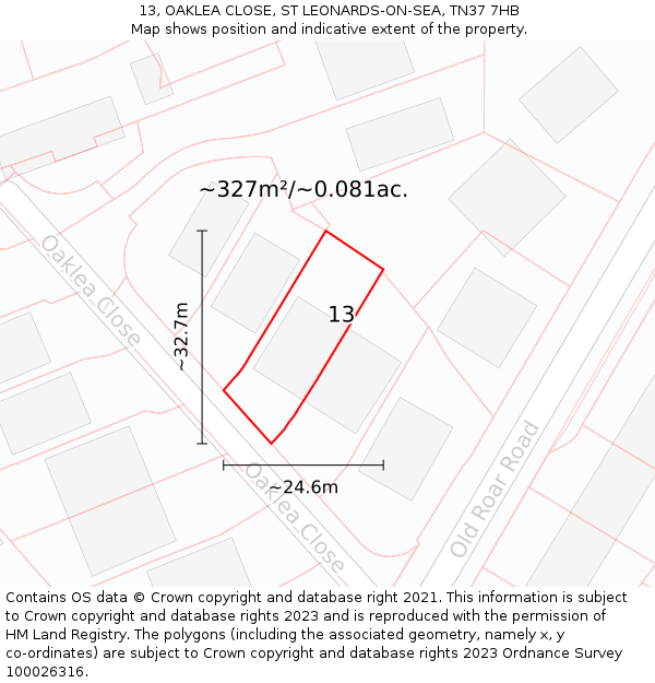 13, OAKLEA CLOSE, ST LEONARDS-ON-SEA, TN37 7HB: Plot and title map