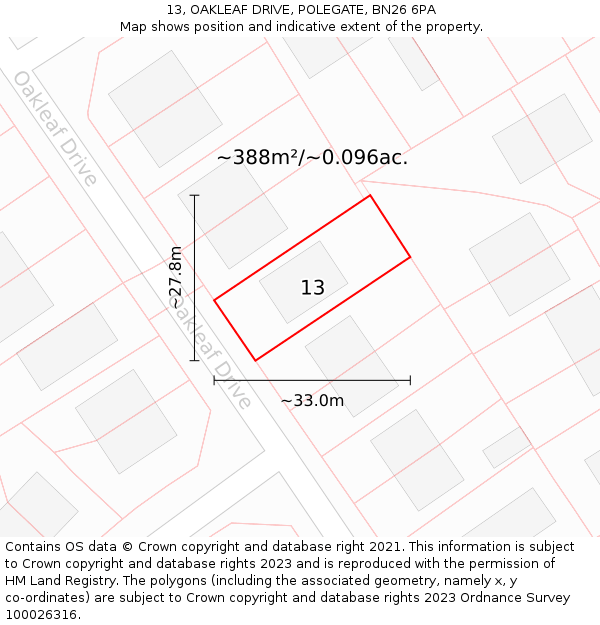 13, OAKLEAF DRIVE, POLEGATE, BN26 6PA: Plot and title map