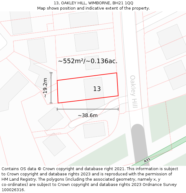13, OAKLEY HILL, WIMBORNE, BH21 1QQ: Plot and title map