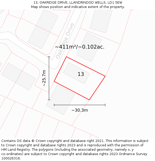 13, OAKRIDGE DRIVE, LLANDRINDOD WELLS, LD1 5EW: Plot and title map