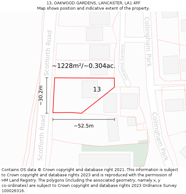13, OAKWOOD GARDENS, LANCASTER, LA1 4PF: Plot and title map