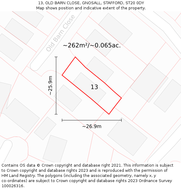 13, OLD BARN CLOSE, GNOSALL, STAFFORD, ST20 0DY: Plot and title map