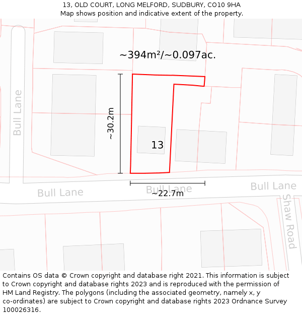 13, OLD COURT, LONG MELFORD, SUDBURY, CO10 9HA: Plot and title map