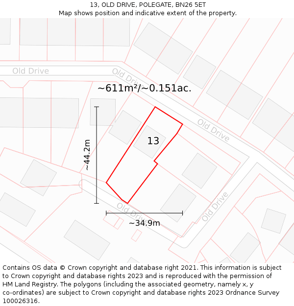 13, OLD DRIVE, POLEGATE, BN26 5ET: Plot and title map