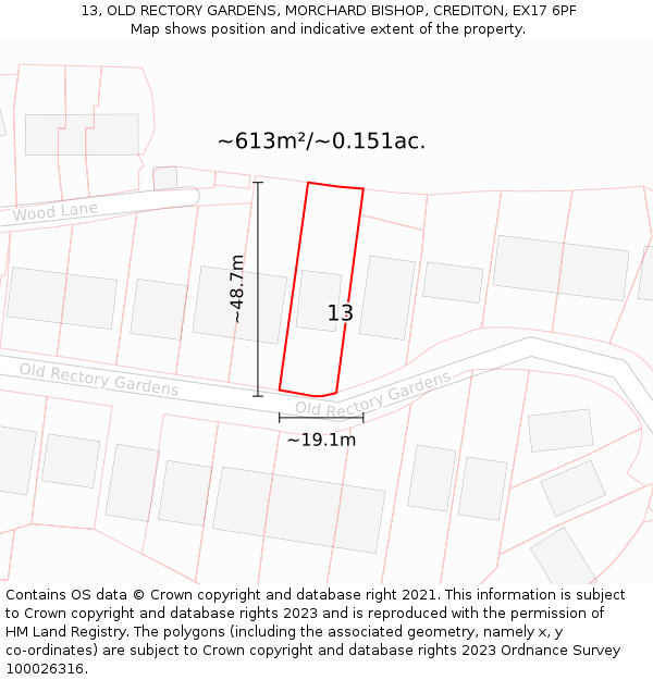 13, OLD RECTORY GARDENS, MORCHARD BISHOP, CREDITON, EX17 6PF: Plot and title map