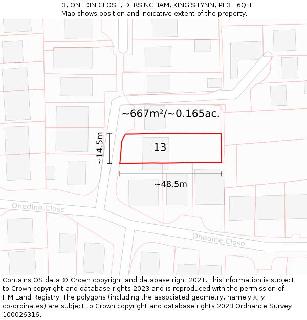 13, ONEDIN CLOSE, DERSINGHAM, KING'S LYNN, PE31 6QH: Plot and title map