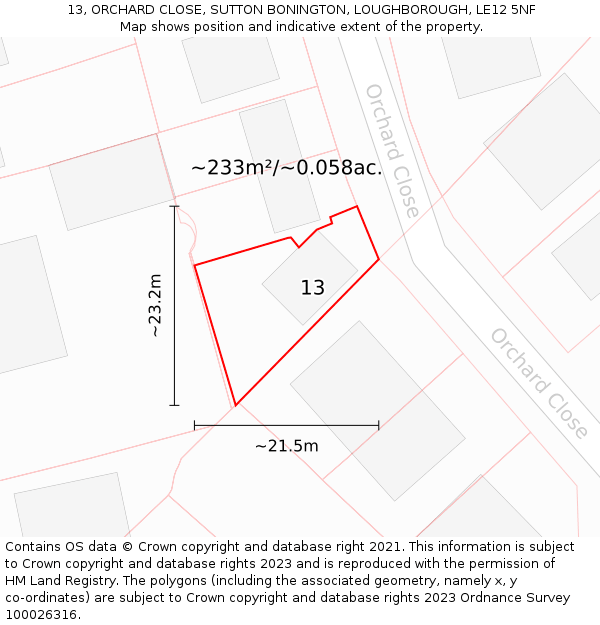 13, ORCHARD CLOSE, SUTTON BONINGTON, LOUGHBOROUGH, LE12 5NF: Plot and title map