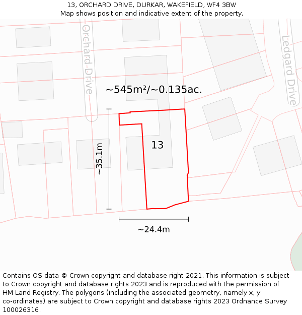 13, ORCHARD DRIVE, DURKAR, WAKEFIELD, WF4 3BW: Plot and title map