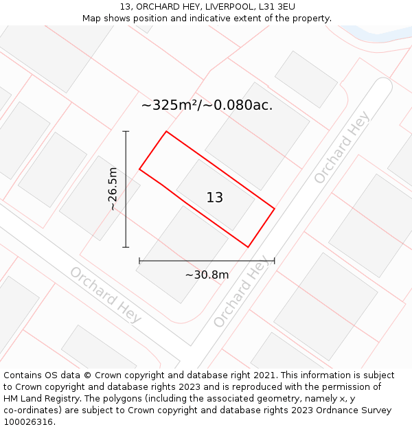 13, ORCHARD HEY, LIVERPOOL, L31 3EU: Plot and title map