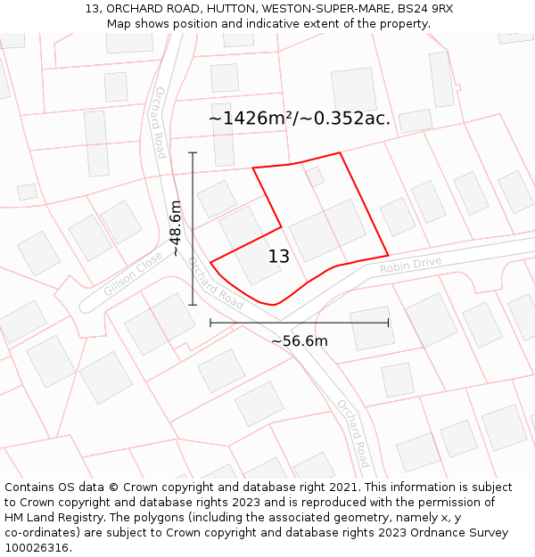 13, ORCHARD ROAD, HUTTON, WESTON-SUPER-MARE, BS24 9RX: Plot and title map