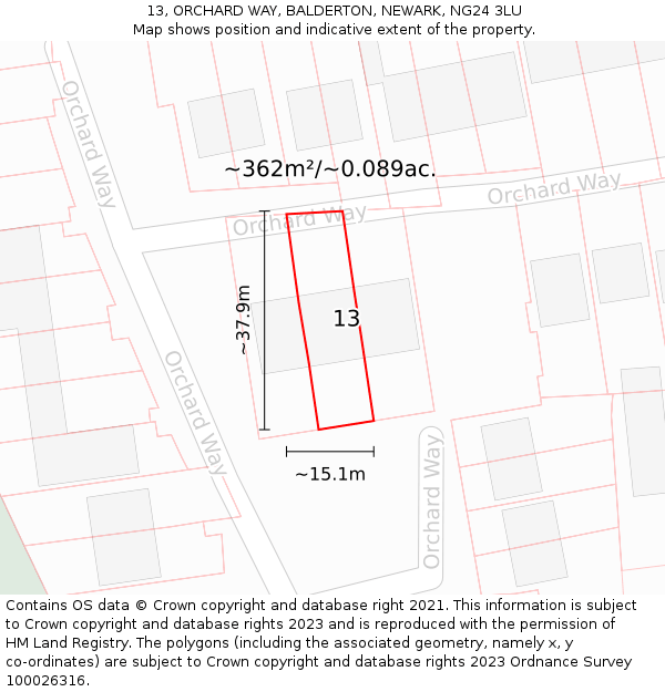 13, ORCHARD WAY, BALDERTON, NEWARK, NG24 3LU: Plot and title map
