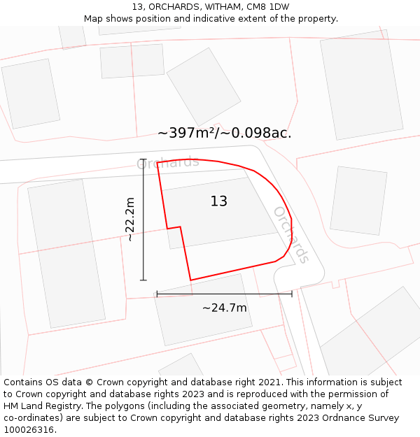 13, ORCHARDS, WITHAM, CM8 1DW: Plot and title map