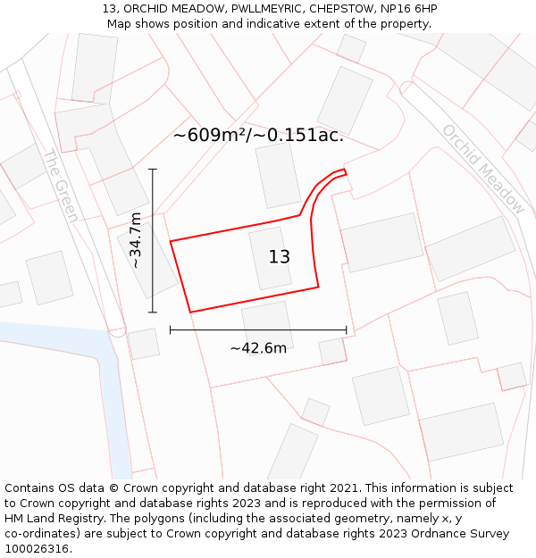 13, ORCHID MEADOW, PWLLMEYRIC, CHEPSTOW, NP16 6HP: Plot and title map