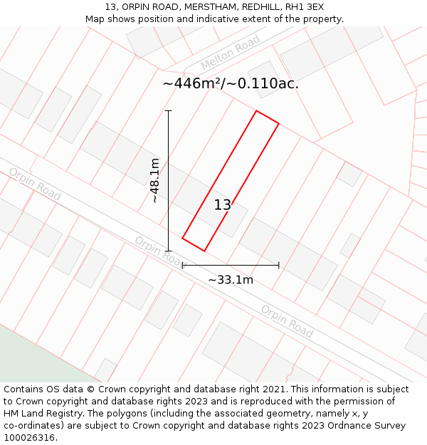 13, ORPIN ROAD, MERSTHAM, REDHILL, RH1 3EX: Plot and title map