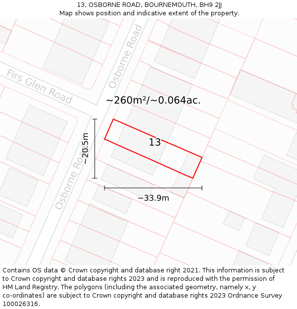 13, OSBORNE ROAD, BOURNEMOUTH, BH9 2JJ: Plot and title map