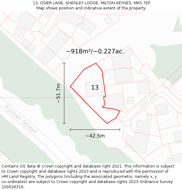 13, OSIER LANE, SHENLEY LODGE, MILTON KEYNES, MK5 7EP: Plot and title map