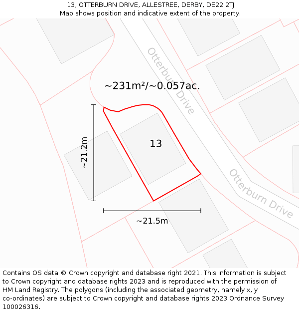 13, OTTERBURN DRIVE, ALLESTREE, DERBY, DE22 2TJ: Plot and title map