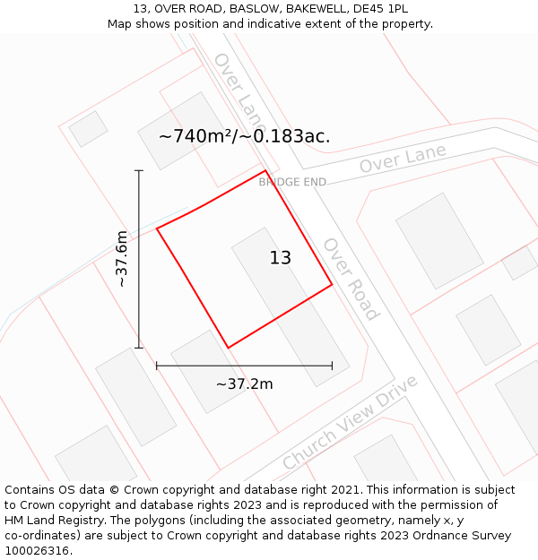 13, OVER ROAD, BASLOW, BAKEWELL, DE45 1PL: Plot and title map