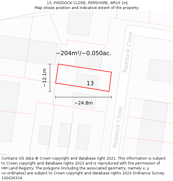 13, PADDOCK CLOSE, PERSHORE, WR10 1HJ: Plot and title map