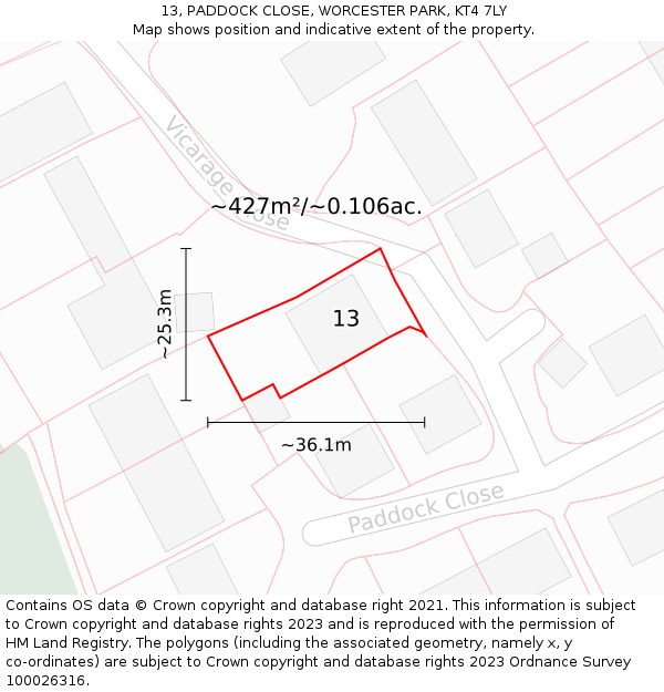 13, PADDOCK CLOSE, WORCESTER PARK, KT4 7LY: Plot and title map