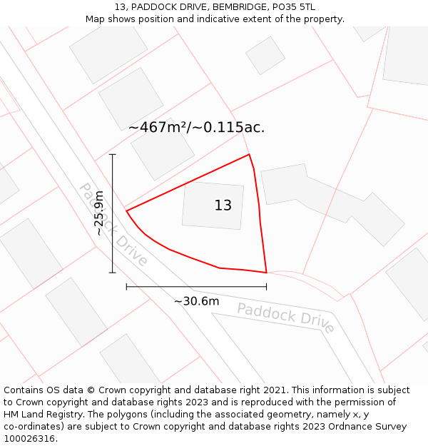 13, PADDOCK DRIVE, BEMBRIDGE, PO35 5TL: Plot and title map