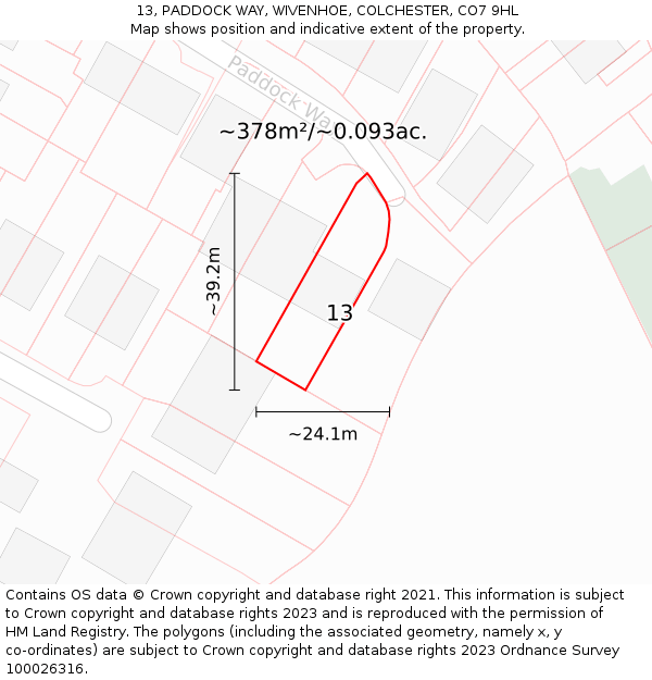 13, PADDOCK WAY, WIVENHOE, COLCHESTER, CO7 9HL: Plot and title map