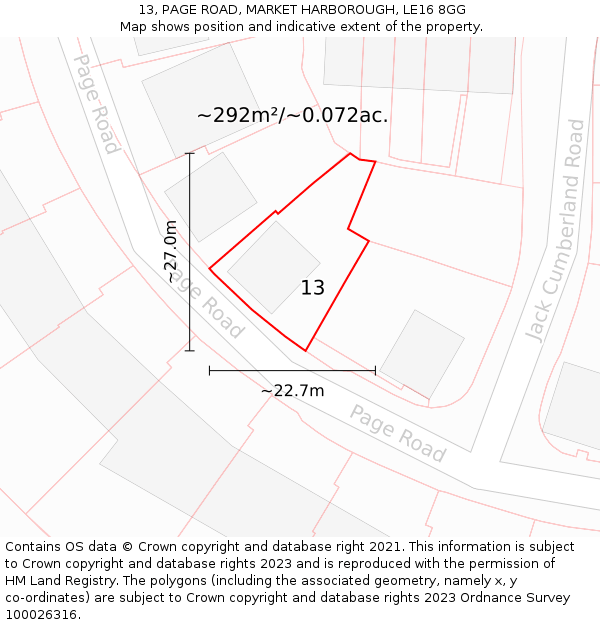 13, PAGE ROAD, MARKET HARBOROUGH, LE16 8GG: Plot and title map