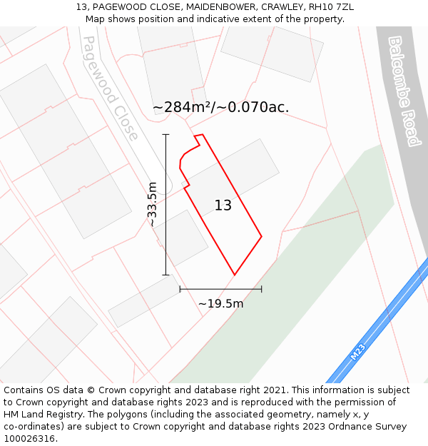 13, PAGEWOOD CLOSE, MAIDENBOWER, CRAWLEY, RH10 7ZL: Plot and title map
