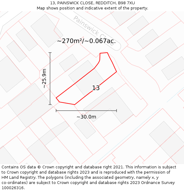 13, PAINSWICK CLOSE, REDDITCH, B98 7XU: Plot and title map