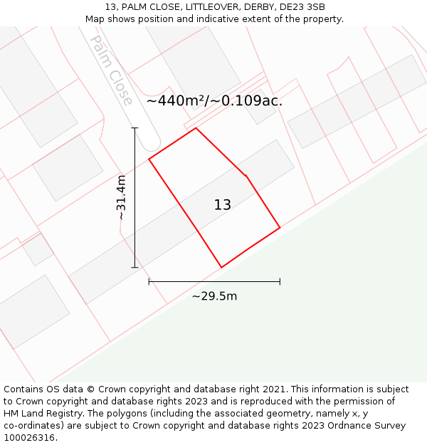 13, PALM CLOSE, LITTLEOVER, DERBY, DE23 3SB: Plot and title map