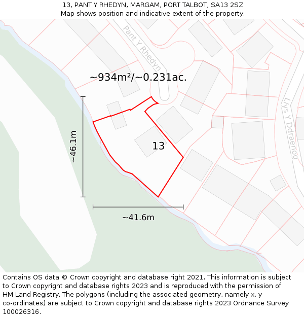 13, PANT Y RHEDYN, MARGAM, PORT TALBOT, SA13 2SZ: Plot and title map