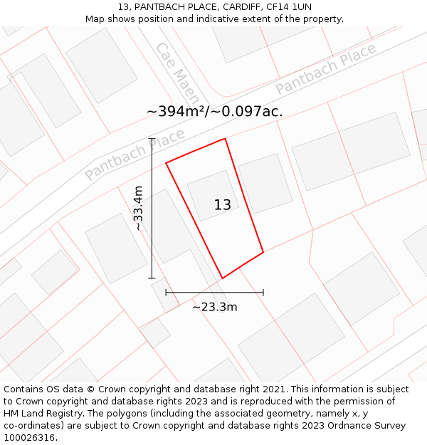 13, PANTBACH PLACE, CARDIFF, CF14 1UN: Plot and title map